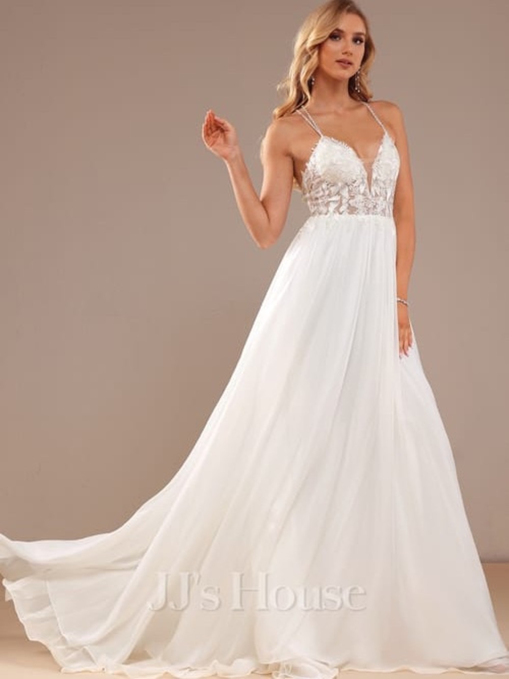 JJ's House White Lace Bodice with blush  Chiffon Gown